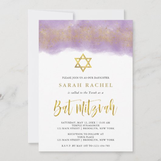 Paarse Waterverf | Gouden Faux Glitter Bat Mitzvah Kaart (Voorkant)