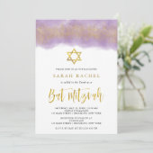 Paarse Waterverf | Gouden Faux Glitter Bat Mitzvah Kaart (Staand voorkant)