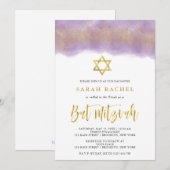 Paarse Waterverf | Gouden Faux Glitter Bat Mitzvah Kaart (Voorkant / Achterkant)
