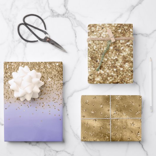 Paarse Waterverf Gouden Glam Glitter Inpakpapier Vel (Voorkant)