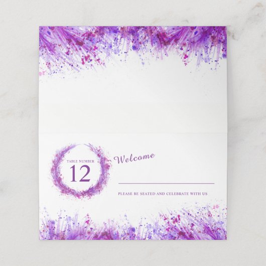 Paarse waterverf gras splash bruiloft plaats kaart plaatskaartje (Buitenkant ongevouwen)