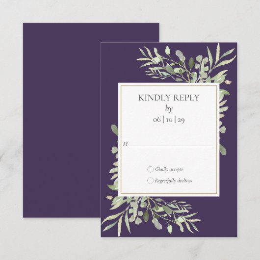 Paarse Waterverf groen bruiloft RSVP (Voorkant / Achterkant)