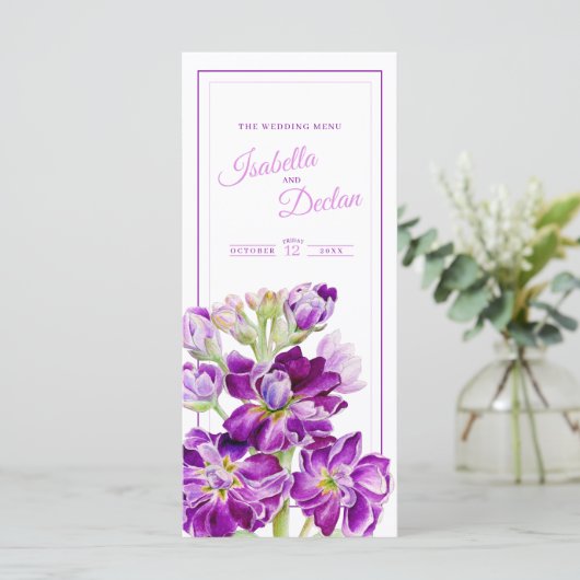 Paarse waterverf harige voorraad bloemen bruiloft  menu (Staand voorkant)