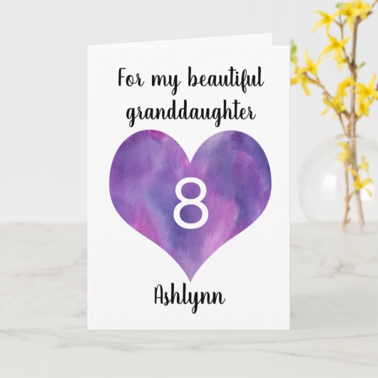 Paarse Waterverf Hart 8e Verjaardag Kaart (Gele Bloem)