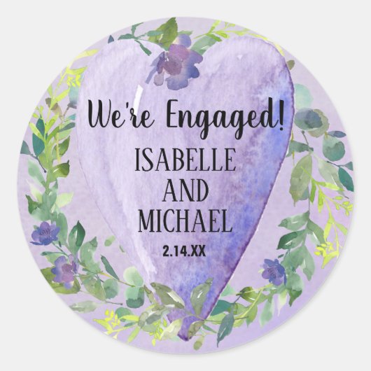 Paarse Waterverf hart en bloemen Verloving Ronde Sticker (Voorkant)