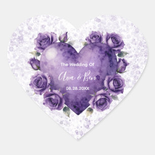 Paarse Waterverf Hart en Rozen Trouwkaart Sticker