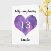 Paarse Waterverf Hartspaans 13e verjaardag Kaart (Gele Bloem)