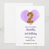 Paarse Waterverf Heart Gold Glitter 2e verjaardag Kaart (Voorkant / Achterkant)