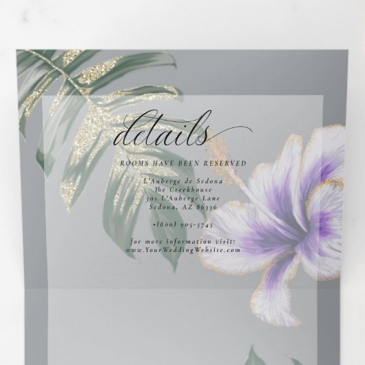 Paarse Waterverf Hibiscus Floral Wedding Drieluik Uitnodiging (Binnenzijde eerst)