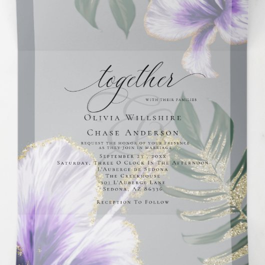 Paarse Waterverf Hibiscus Floral Wedding Drieluik Uitnodiging (Binnenkant midden)