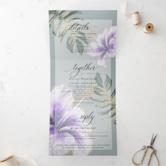 Paarse Waterverf Hibiscus Floral Wedding Tri-Fold Drieluik Uitnodiging (Binnen)