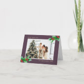 Paarse Waterverf Holly Berries Fotokerstfeest Feestdagen Kaart (Voorkant)