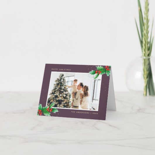 Paarse Waterverf Holly Berries Fotokerstfeest Feestdagen Kaart (Voorkant)