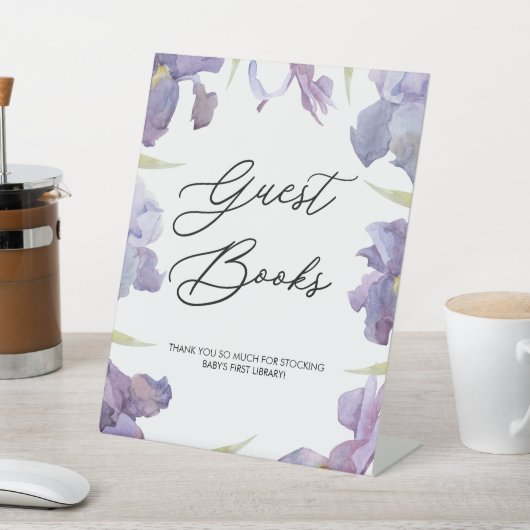 Paarse Waterverf Iris Floral Garden gastenboeken Reclamebord Met Voetstuk (Insitu)