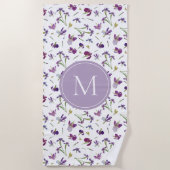 Paarse Waterverf Iris Flowers Patroon Monogram Strandlaken (Voorkant)