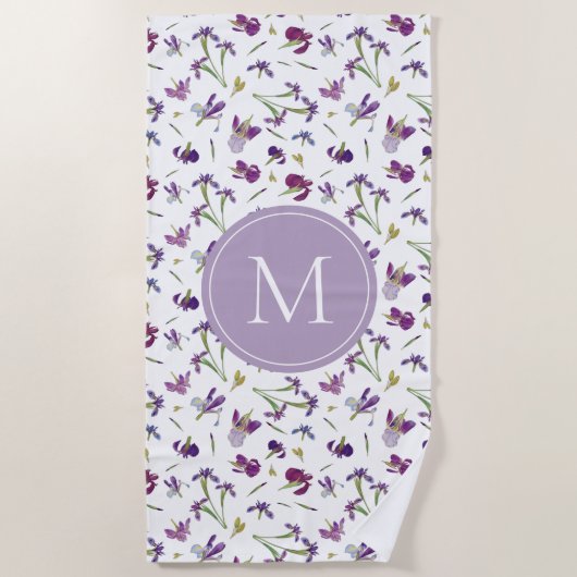 Paarse Waterverf Iris Flowers Patroon Monogram Strandlaken (Voorkant)
