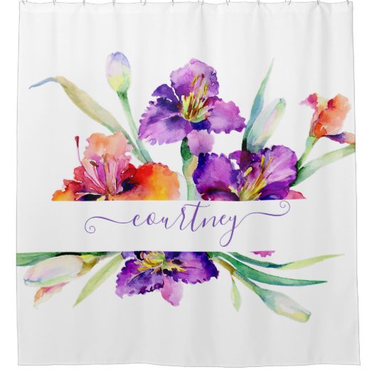Paarse waterverf Iris gepersonaliseerd Douchegordijn (Voorkant)