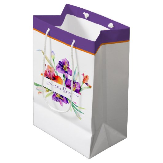 Paarse waterverf Iris gepersonaliseerd Medium Cadeauzakje (Voorkant Gekanteld)