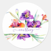 Paarse waterverf Iris gepersonaliseerd Ronde Sticker (Voorkant)