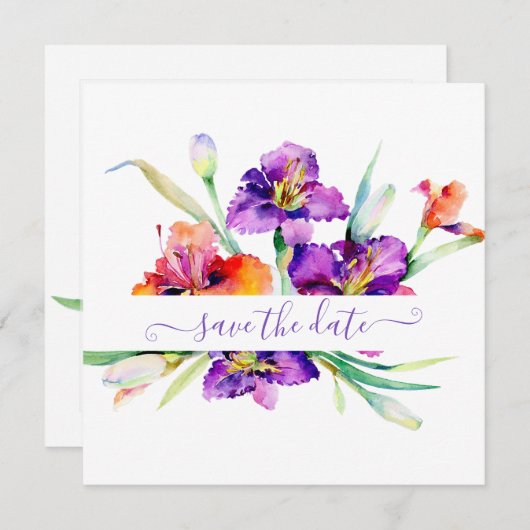 Paarse waterverf Iris gepersonaliseerd Save The Date (Voorkant / Achterkant)