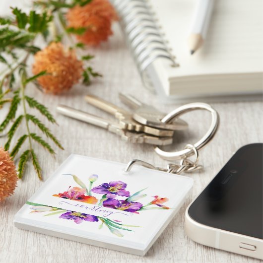 Paarse waterverf Iris gepersonaliseerd Sleutelhanger (Voorkant Rechts)