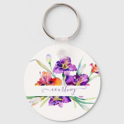 Paarse waterverf Iris gepersonaliseerd Sleutelhanger (Voorkant)