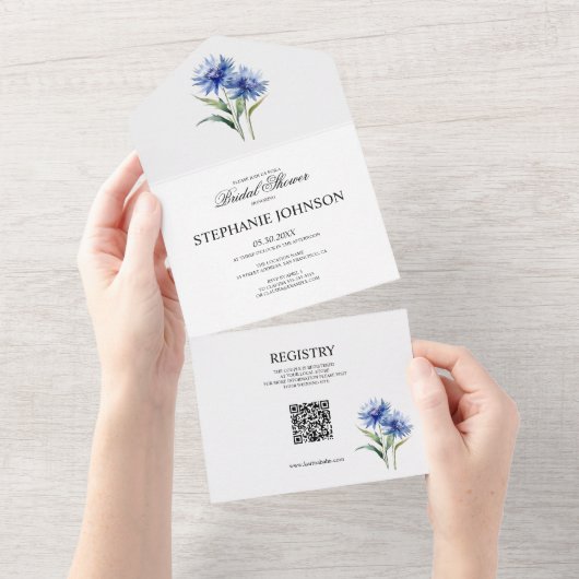 Paarse Waterverf Korenbloem WIldflower Bridal All In One Uitnodiging (Afscheurbaar)