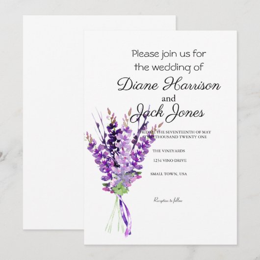 Paarse Waterverf Lavendel Bruiloft Kaart (Voorkant / Achterkant)
