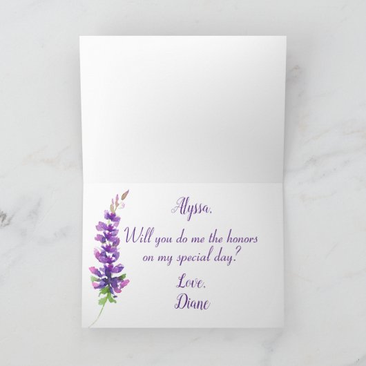 Paarse Waterverf Lavender Bridesmaid Card Kaart (Binnen)