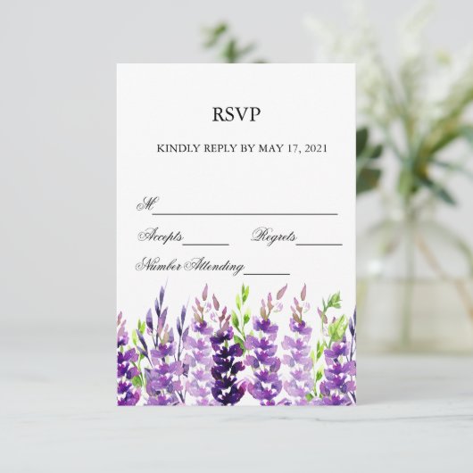 Paarse Waterverf Lavender RSVP-kaarten RSVP Kaartje (Staand voorkant)
