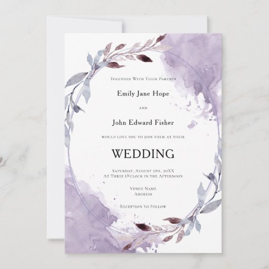 Paarse Waterverf Leafy Border Wedding Kaart (Voorkant)