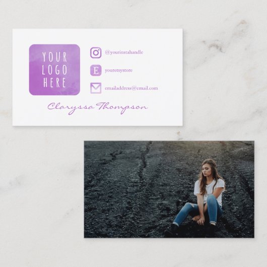 Paarse Waterverf Logo Pictogrammen Foto Visitekaar Visitekaartje (Voorkant / Achterkant)