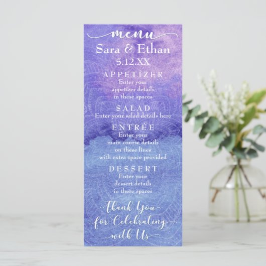 Paarse Waterverf Mandala Wedding Menu Kaart (Staand voorkant)