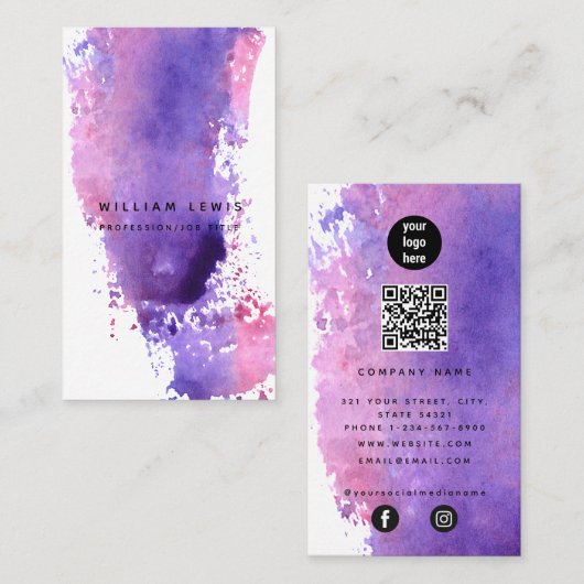 Paarse Waterverf Minimalistische QR-code Sociale m Visitekaartje (Voorkant / Achterkant)