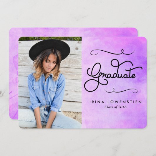 Paarse Waterverf Modern Afstuderen Typografie Kaart (Voorkant / Achterkant)