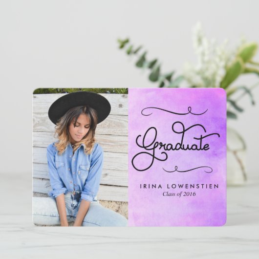 Paarse Waterverf Modern Afstuderen Typografie Kaart (Staand voorkant)