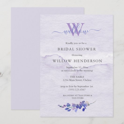 Paarse Waterverf Monogram Vrijgezellenfeest Kaart (Voorkant / Achterkant)