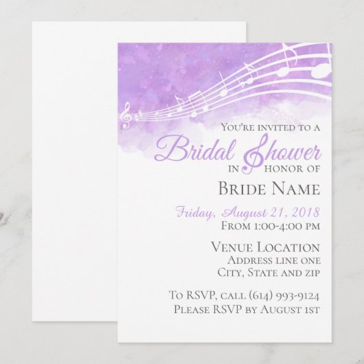 Paarse Waterverf Musical Bridal Shower Kaart (Voorkant / Achterkant)