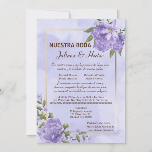 Paarse Waterverf Nuestra Boda Uitnodiging (Voorkant)