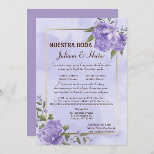 Paarse Waterverf Nuestra Boda Uitnodiging (Voorkant / Achterkant)