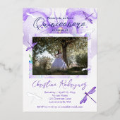 Paarse Waterverf Orchid, Dragonfly Quinceanera Folie Uitnodiging (Voorkant)
