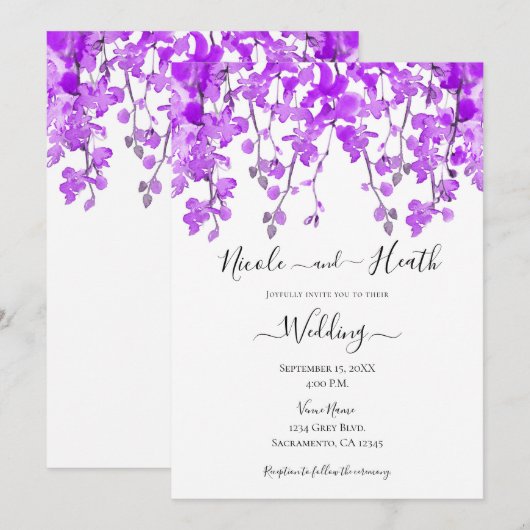 Paarse Waterverf Orchid Floral Wedding Kaart (Voorkant / Achterkant)
