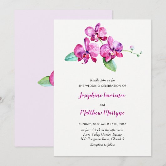 Paarse Waterverf Orchid Floral Wedding Kaart (Voorkant / Achterkant)