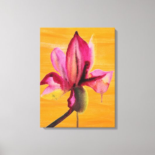 Paarse waterverf orchidee kunst op oranje pop canvas afdruk (Voorkant)