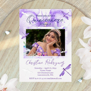 Paarse Waterverf Orchidee, Libel Quinceanera Folie Uitnodiging