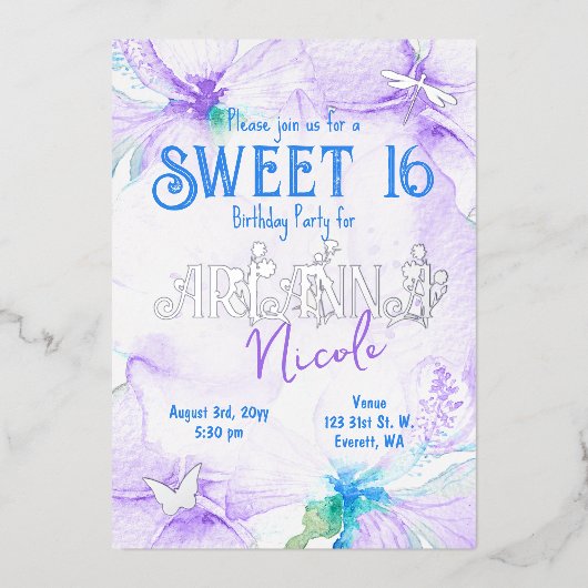 Paarse Waterverf Orchideeën Sweet 16 Folie Uitnodiging (Voorkant)