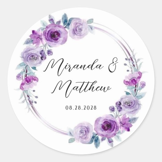 Paarse Waterverf Peonies Wedding Ronde Sticker (Voorkant)