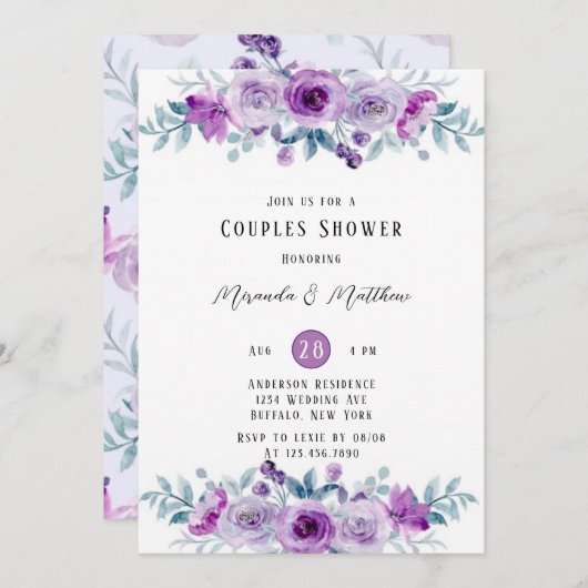 Paarse Waterverf Peony Eucalyptus Couples Shower Kaart (Voorkant / Achterkant)