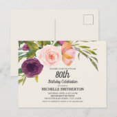 Paarse Waterverf Perzik Floral Ivory 80th Birthday Briefkaart (Voorkant / Achterkant)
