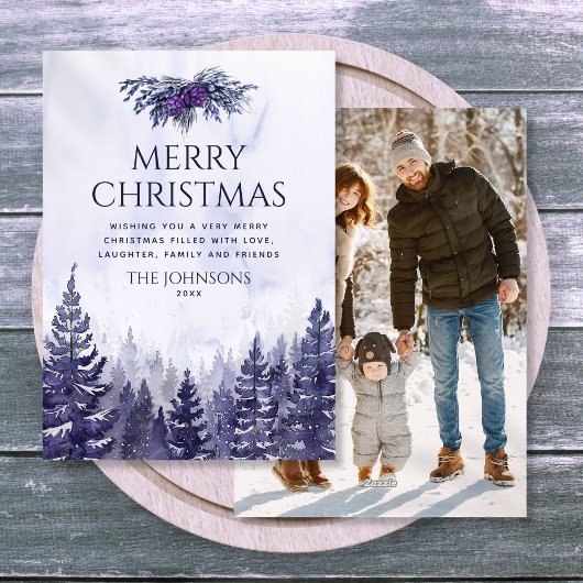 Paarse Waterverf Pine Tree Forest Foto Kerstmis Feestdagenkaart